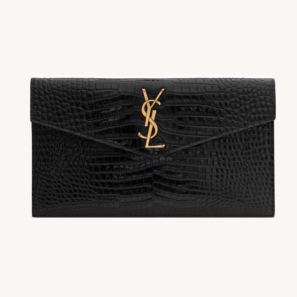 YSL Uptown Pouch in Crocodile-Embossed Shiny Leather Black
